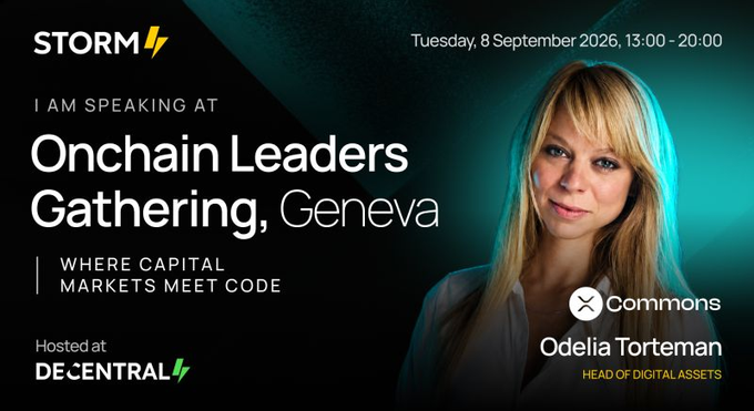 Promotional graphic announcing Odelia Torteman, Head of Digital Assets at XRPL Commons, as a confirmed speaker at the Onchain Leaders Gathering in Geneva on Tuesday, 8 September 2026 (13:00-20:00), hosted at Decentral, with the tagline "Where Capital Markets Meet Code." The image visually supports the post's announcement of XRPL's presence at the conference focused on capital markets infrastructure for builders, institutions, and policymakers.