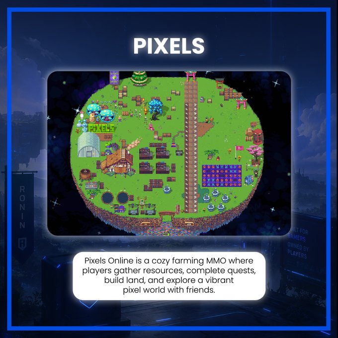 The image is a promotional graphic for "PIXELS," showcasing a screenshot of the colorful, circular pixel-art farming game world with various buildings, farms, and decorations, accompanied by the text: "Pixels Online is a cozy farming MMO where players gather resources, complete quests, build land, and explore a vibrant pixel world with friends." It visually represents the post's invitation to play the charming, player-built MMO at play.pixels.xyz this weekend.