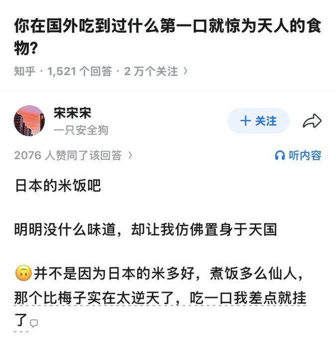 Screenshot of a Chinese Zhihu question asking 'What food abroad shocked you with the first bite?' with a top answer from user 宋宋宋 saying Japanese rice tasted heavenly.