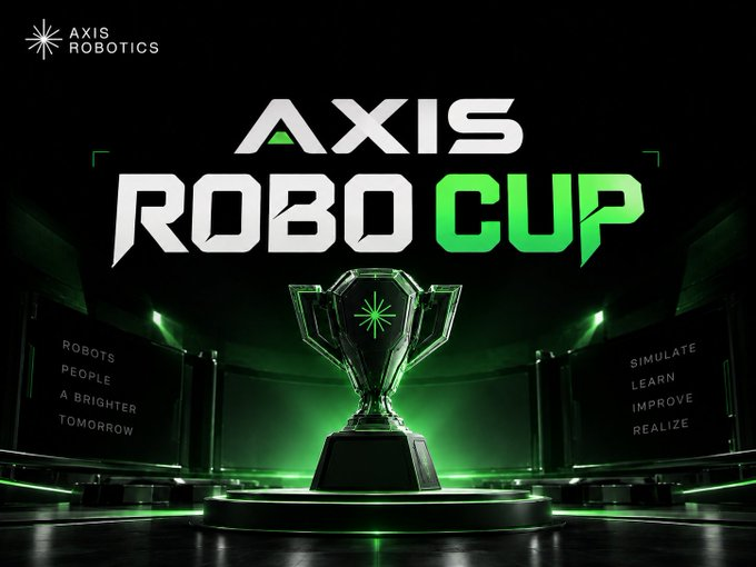 A promotional graphic for 'AXIS ROBO CUP' by Axis Robotics features a glowing green and silver trophy, with the tagline 'ROBOTS PEOPLE A BRIGHTER TOMORROW' and 'SIMULATE LEARN IMPROVE REALIZE.'
