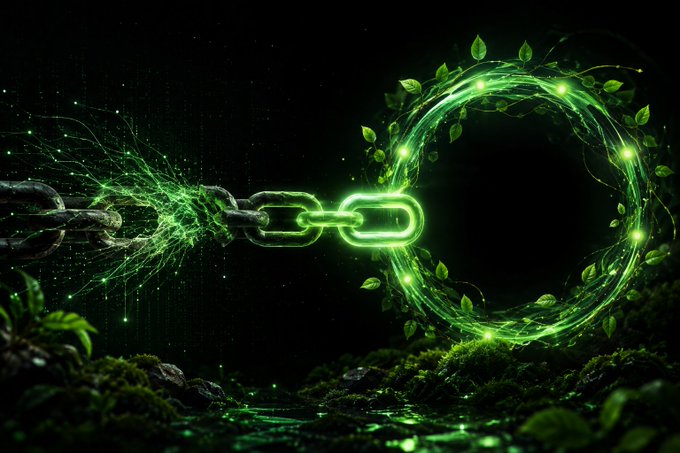 Digital artwork depicting a glowing green chain link transforming into a circular wreath of green leaves against a dark mossy background.