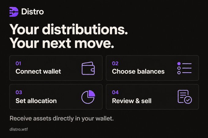A dark-themed interface for a platform called "Distro" showing a four-step process: "01 Connect wallet," "02 Choose balances," "03 Set allocation," and "04 Review & sell."
