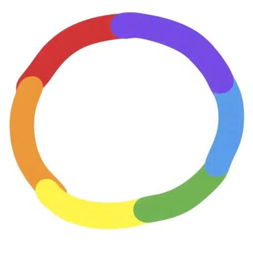 A hand-drawn rainbow-colored circle made of red, purple, blue, green, yellow, and orange segments on a white background.