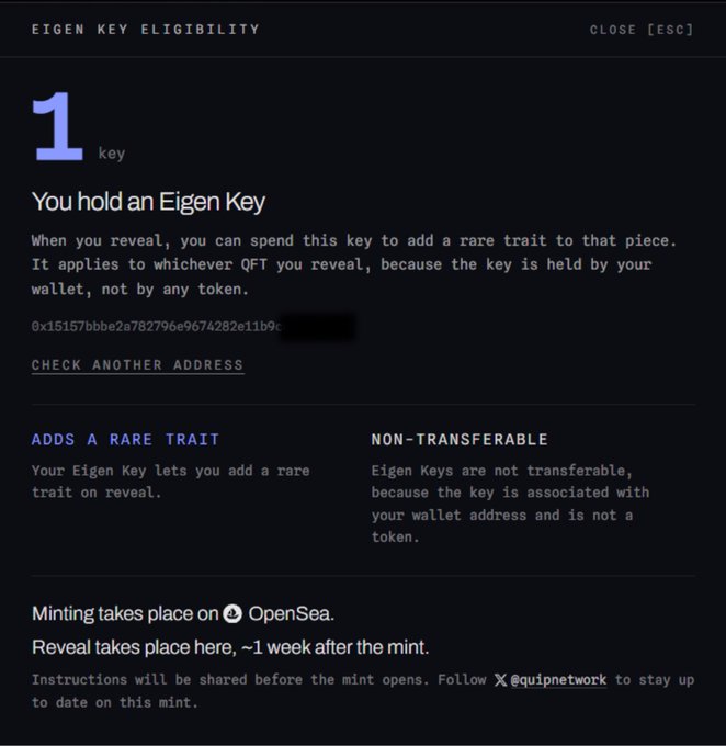 A dark-themed webpage titled 'EIGEN KEY ELIGIBILITY' shows that the user holds 1 Eigen Key, explaining that revealing it can add a rare trait to a QFT and that the key is non-transferrable, with minting happening on OpenSea.