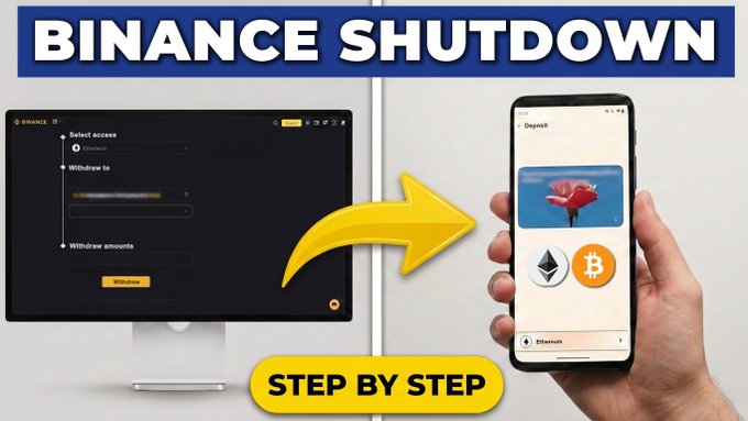 The image is a YouTube thumbnail titled "BINANCE SHUTDOWN - STEP BY STEP," showing a computer screen with a Binance withdrawal page on the left and a hand holding a smartphone displaying what appears to be a Trust Wallet or similar crypto wallet interface with Ethereum and Bitcoin icons on the right, connected by a yellow arrow. The visual directly supports the tutorial's premise of guiding users through transferring their funds off the Binance exchange to an alternative self-custody wallet or MiCA-compliant platform.