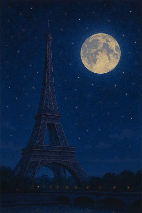 A stunning nighttime painting of the Eiffel Tower illuminated beneath a large, glowing full moon and starry sky, with city lights twinkling along the riverbank—titled "Midnight in Paris" and presented as a limited edition (6/10) Tezos NFT collectible by the artist.