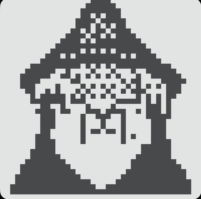 A pixelated graphic featuring a large triangle with a creature inside, containing text that reads 'PIXEL HEART' with stars and other small designs.