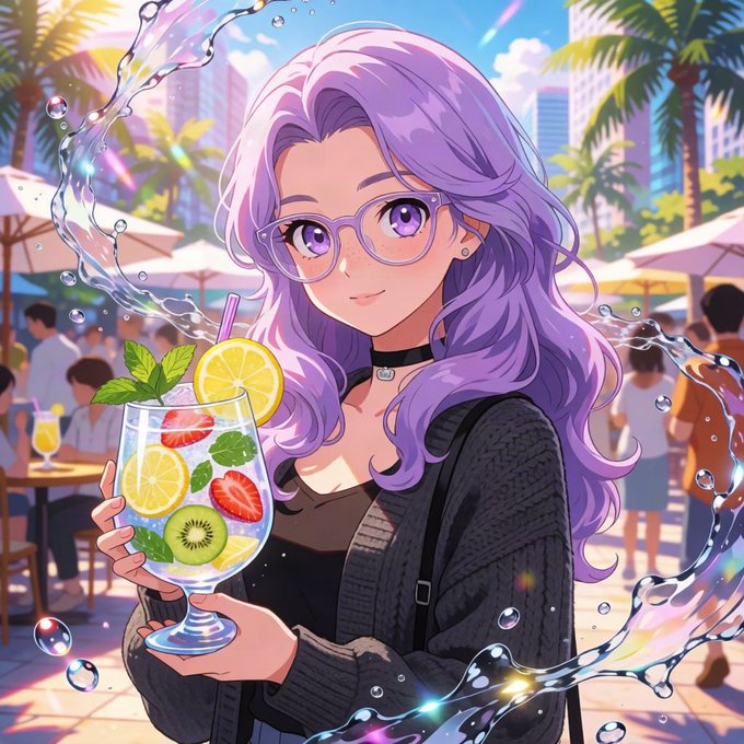An anime-style illustration of a purple-haired girl with glasses holding a tropical fruit drink with lemon, kiwi, and strawberries in a sunny outdoor market setting, surrounded by dynamic water splashes.
