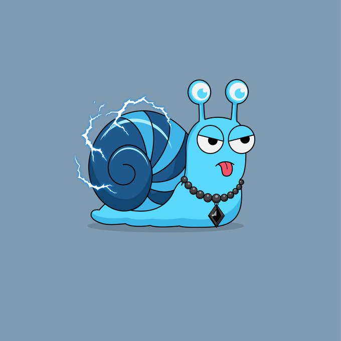 A cartoon illustration of a blue snail with a bored expression, wearing a black beaded necklace with a pendant, and electric sparks emanating from its dark blue shell.