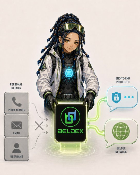 An illustrated promotional graphic for 'BELDEX' featuring a cyberpunk-style character holding a phone, with diagrams showing personal details being kept private through the Beldex Network.