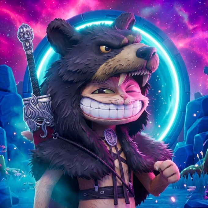 A digital illustration of a character wearing a fierce bear head mask, baring sharp teeth, set against a vibrant purple and pink cosmic background with a glowing blue ring.