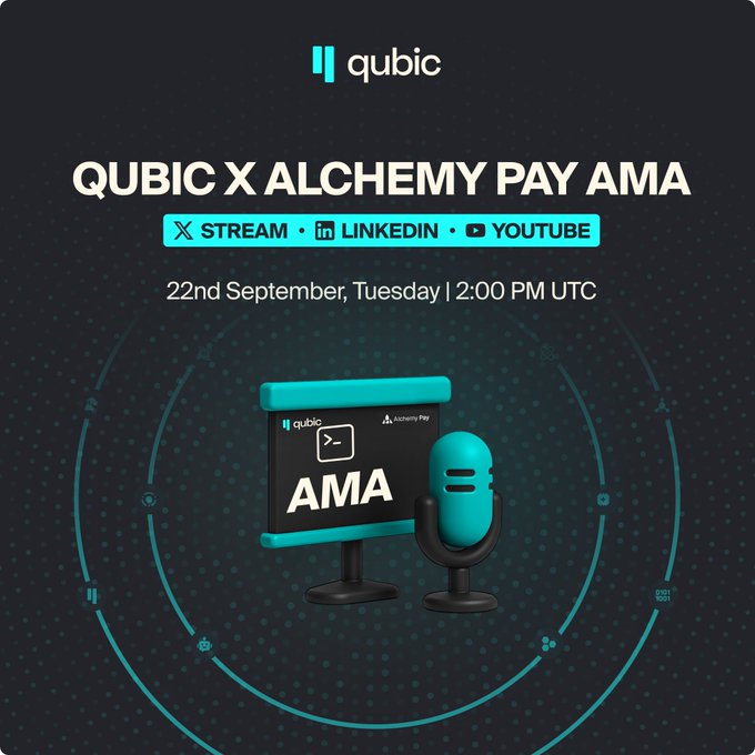 Promotional graphic for the Qubic x Alchemy Pay AMA on 22nd September (Tuesday) at 2:00 PM UTC, streaming live on X, LinkedIn, and YouTube, featuring a 3D illustration of a presentation board displaying "AMA" alongside a teal microphone.