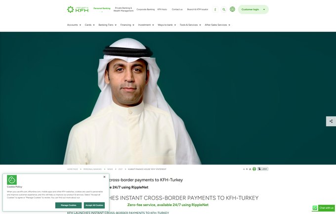 A screenshot of the Kuwait Finance House (KFH) website featuring a man in traditional Arab attire, promoting "KFH LAUNCHES INSTANT CROSS-BORDER PAYMENTS TO KFH-TURKEY" — a zero-fee service available 24/7 via RippleNet. The image visually supports the post by illustrating a regional bank (KFH) leveraging RippleNet for a specific cross-border corridor to Turkey.