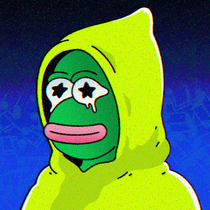 A stylized illustration of a frog in a yellow hooded cloak with star-shaped, bleeding eyes and a pink mouth, set against a dark blue starry background.