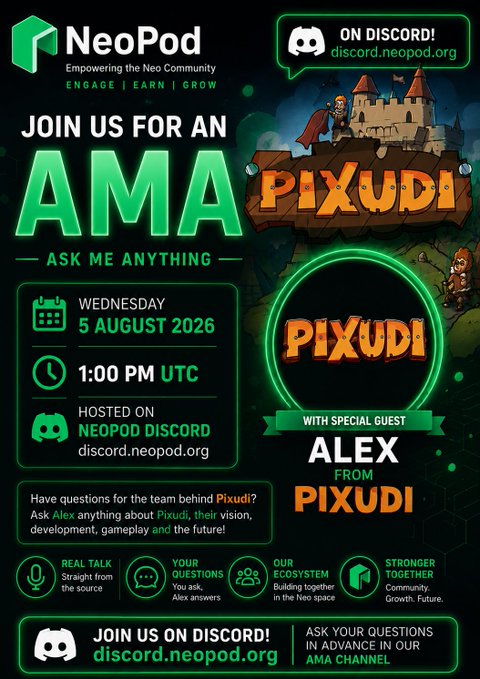 A promotional poster for a NeoPod Discord AMA event with Pixudi on Wednesday, 5 August 2026 at 1:00 PM UTC, featuring special guest Alex.