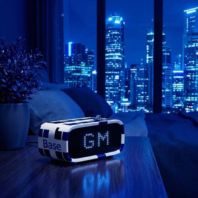A futuristic, blue-tinted cityscape seen through a window, featuring a "Base" branded digital clock on a wooden table next to a potted plant and pillows.