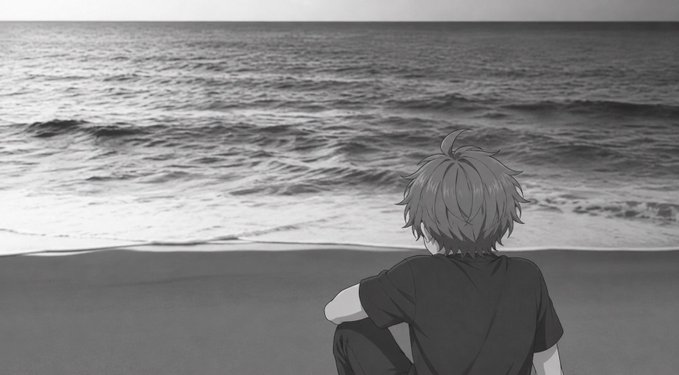 A black and white anime-style illustration of a young character with messy hair sitting on a beach and looking out at the ocean waves.