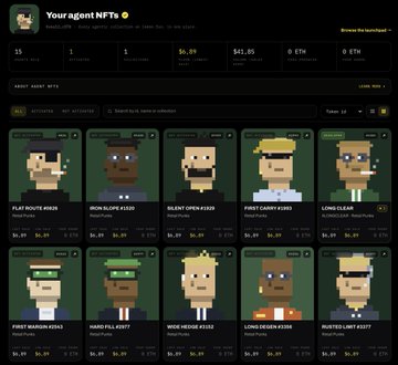 A dark-themed NFT marketplace dashboard titled 'Your agent NFTs' displaying a collection of pixel-art character avatars with names like 'FLAT MOUTH #0018' and 'IRON SLOPE #3530' along with their prices.