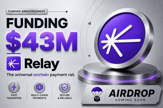 A funding announcement banner displays '$43M' for 'Relay - The universal onchain payment rail,' featuring a large purple logo, icons for fast transfers, multi-chain payments, and secure & reliable service, plus an 'AIRDROP COMING SOON' badge.