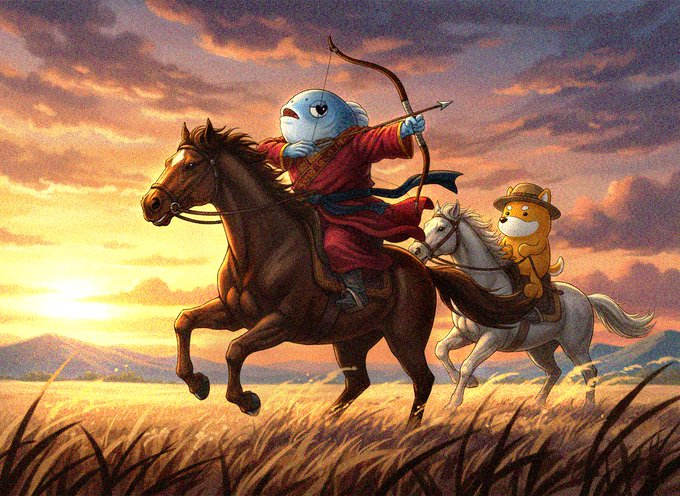 A whimsical illustration of a blue blob-like character in red robes riding a brown horse with a bow, accompanied by an orange cat in a straw hat riding a white horse, set against a sunset landscape.