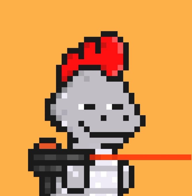 Pixel art style illustration of a gray robot-like character with a red tuft of hair on its head, set against an orange background.