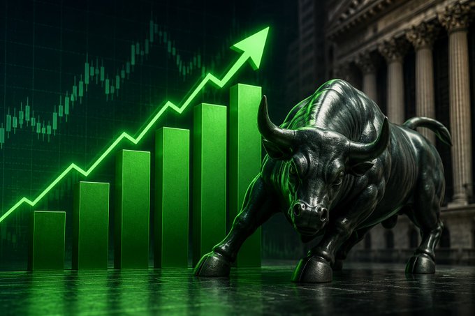 A metallic bull statue stands before classical columns and a green ascending bar chart with an upward arrow, symbolizing a bullish stock market.