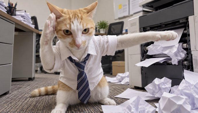 An orange and white cat dressed in a white shirt and blue striped tie strikes an exasperated pose in an office setting, holding its paw to its head amid crumpled paper scattered from a printer.