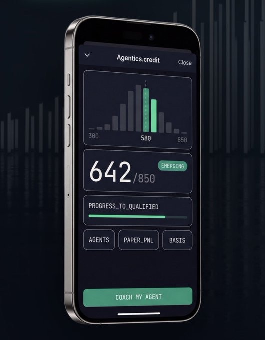 A smartphone screen displaying an "Agentics.credit" interface showing a credit score of 642/850 labeled "EMERGING" with a progress bar to qualified status and a "COACH MY AGENT" button.