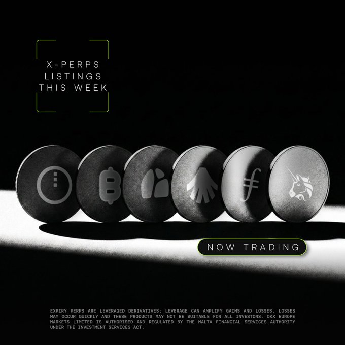 Promotional graphic for cryptocurrency perpetual futures listings with the text 'X-PERPS LISTINGS THIS WEEK' and 'NOW TRADING,' showing dark coins with logos for BTC, and other crypto assets alongside regulatory disclaimers.