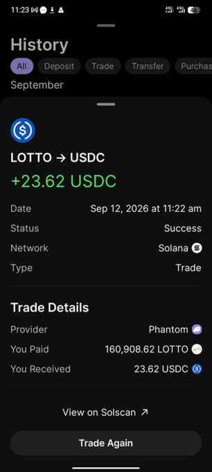 A mobile app history screen showing a successful trade on the Solana network, converting 160,908.62 LOTTO into +23.62 USDC via the Phantom wallet on September 12, 2026.