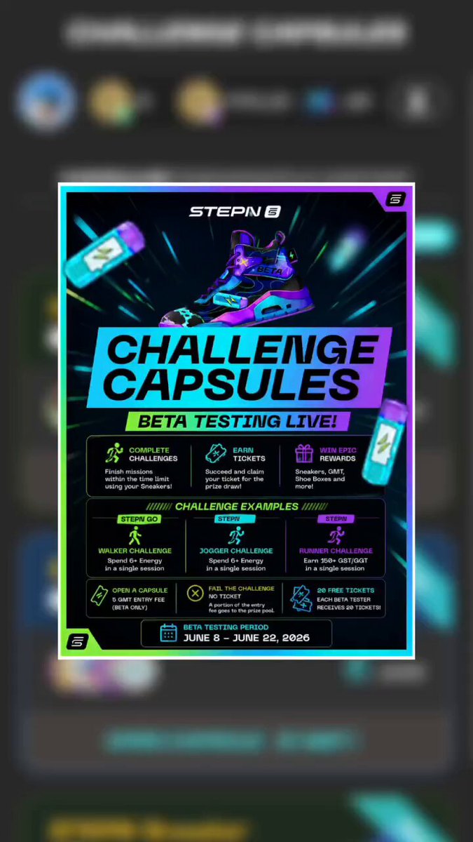 The image features a poster for a challenge called "Challenge Capsules" that seems to be related to a beta testing phase of an app or game. The poster displays various elements, including a pair of sneakers with blue and purple colors, which could represent the shoes used in the beta testing process. The poster also includes text about the beta testing phase, such as "BETA TESTING LIVE!", "CHALLENGE CAPSULES BETA - FIRST IMPRESSIONS", and "focus on what is in the image". These elements suggest that the poster is promoting a new app or game, possibly one related to fitness or sports.