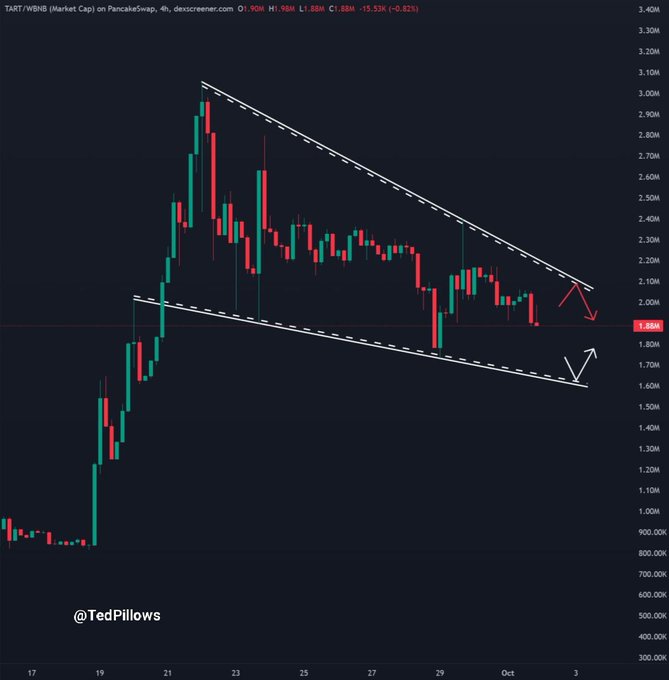 Cryptocurrency trading chart showing TART/WBNB on PancakeSwap with descending wedge pattern lines and a watermark '@TedPillows' at the bottom.