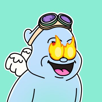 A cartoon illustration of a light blue seal character wearing goggles on its head, with fiery glowing eyes and a wide open smile.