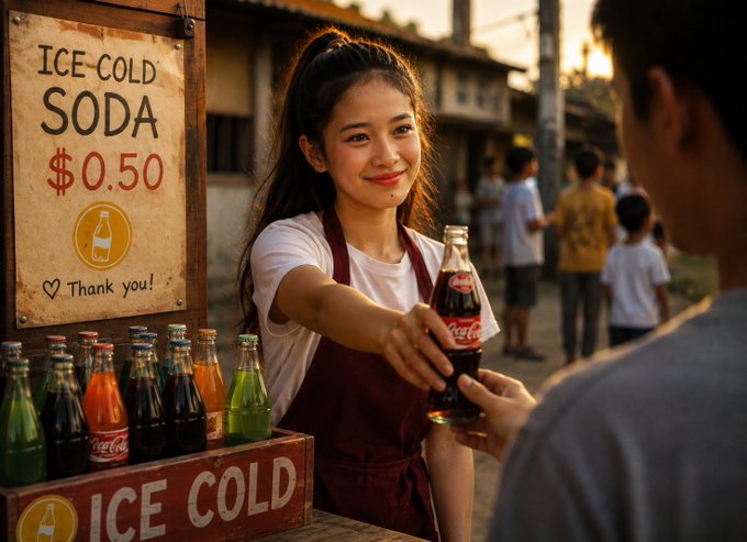 A vintage-style photograph of a young girl in an apron handing a bottle of Coca-Cola to a customer at an 'ICE-COLD SODA $0.50' stand, with various colorful soda bottles displayed.