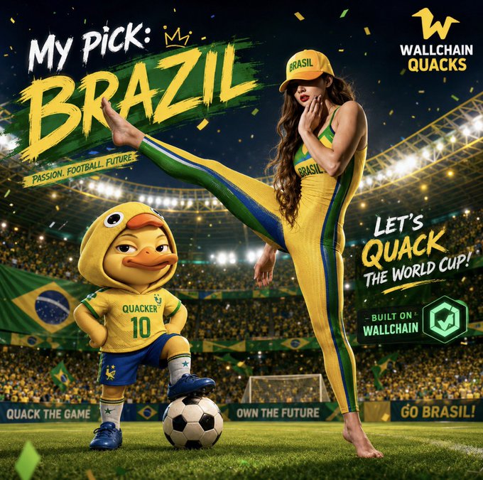 The image features a woman dressed as a Brazilian soccer player standing next to a soccer ball on a field with a stadium backdrop. The scene includes a wallchain logo, indicating that this could be an advertisement for Wallchain's World Cup kit or a promotional event related to the upcoming soccer tournament in Brazil.!