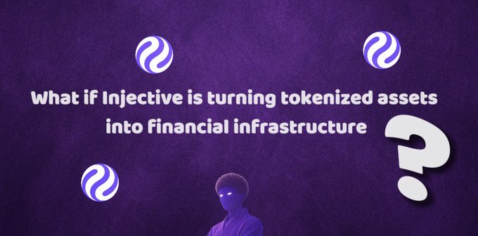A purple promotional graphic with text reading 'What if Injective is turning tokenized assets into financial infrastructure' alongside the Injective logo and a large question mark.