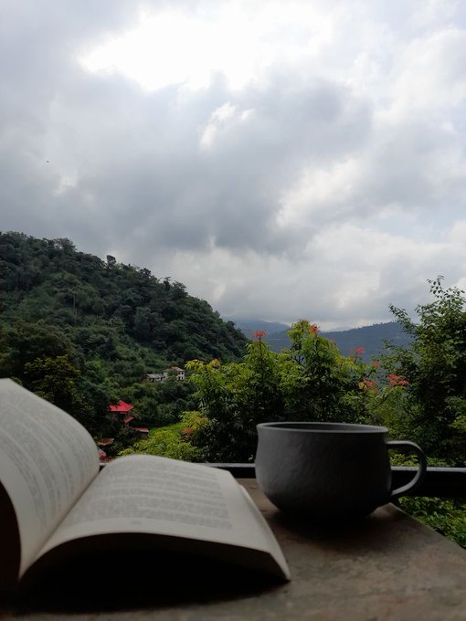 An open book and a cup of coffee sit on a ledge, overlooking a lush green hillside with a cloudy sky in the background.
