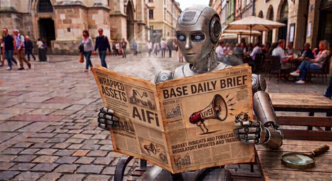 A humanoid robot sits on a cobblestone street reading a newspaper titled "BASE DAILY BRIEF" featuring headlines "WRAPPED ASSETS" and "AIFI," with a European plaza and cafe in the background.