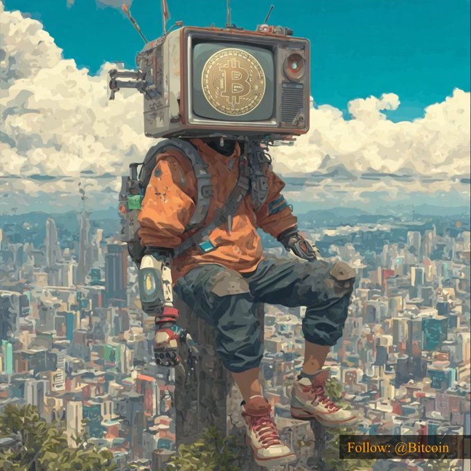 A stylized illustration shows a person wearing an orange jacket, hiking gear, red sneakers, and an old television displaying the Bitcoin “₿” symbol, perched above a sprawling city skyline. In the lower-right corner, orange text reads “Follow: @Bitcoin,” tying the Bitcoin-themed artwork to the accompanying post about “$81,644.90  #Bitcoin.”
