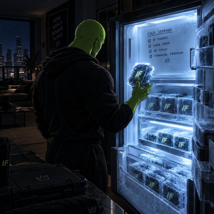 A digital artwork depicts a green-skinned muscular figure in a dark hoodie examining glowing blue 'IF' branded cubes stored in a futuristic cold storage unit, with a checklist including 'FINANCIAL FREEDOM'.
