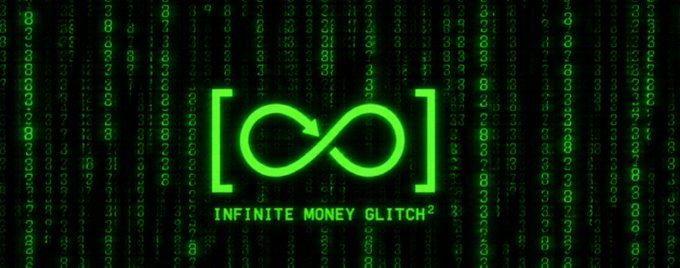 A green "Infinite Money Glitch²" logo featuring an infinity symbol enclosed in brackets, set against a Matrix-style cascading code background of numbers and characters. The image symbolizes the crypto project $IMG's promise of perpetual financial gain, aligning with the post's promotion of holding the token for long-term rewards.