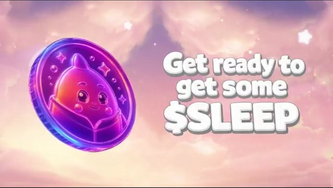 A purple coin featuring a cute sleeping character floats against a dreamy pink cloud background, with bold white text reading "Get ready to get some $SLEEP." The whimsical, sleep-themed coin design visually reinforces the post's message about earning rewards through sleep via the Sleepagotchi project.