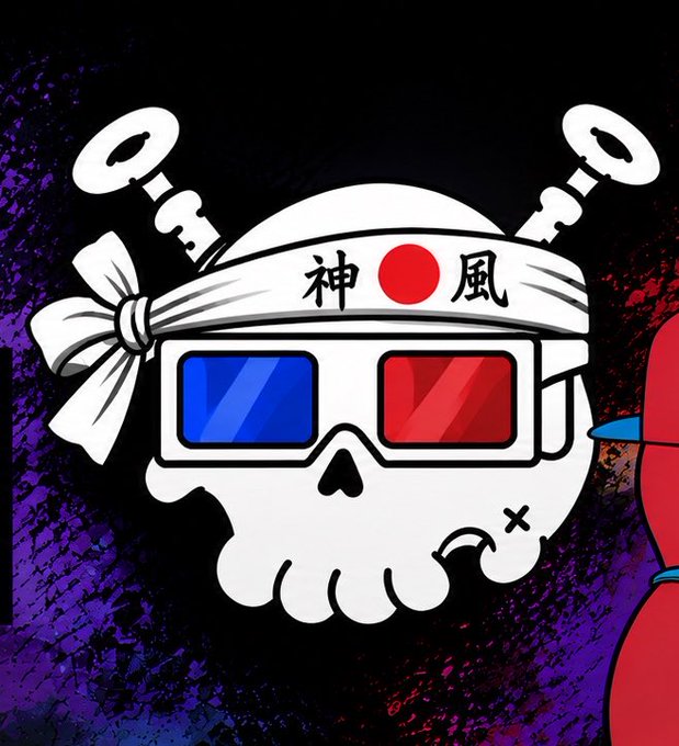 A stylized skull with a samurai headband featuring the Japanese characters 神風 (Kamikaze) and a red sun symbol, wearing 3D glasses with one blue and one red lens, set against a purple and black background.