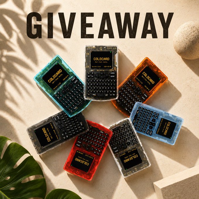 Seven COLDCARD hardware wallets in various translucent colors (teal, clear, orange, blue, red, and more) are arranged in a circular pattern on a sandy surface with tropical leaves, beneath the bold text "GIVEAWAY" — showcasing the prize for the COLDCARD Q hardware wallet giveaway in partnership with @GetBittr and @COLDCARDwallet.