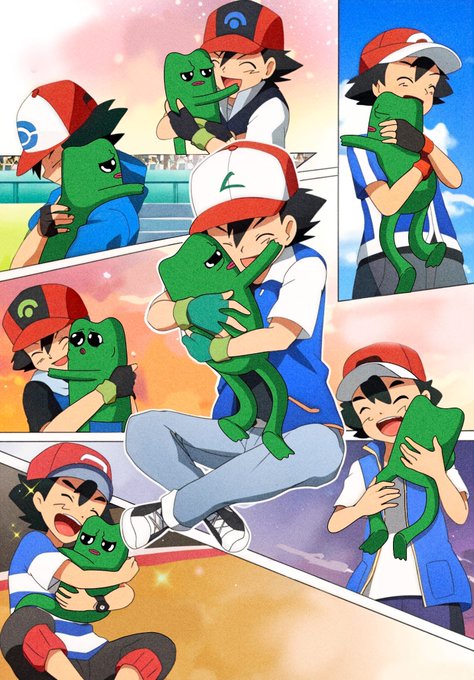 A collage of anime panels showing the character Ash Ketchum in various scenes joyfully hugging his Pokémon, Treecko.