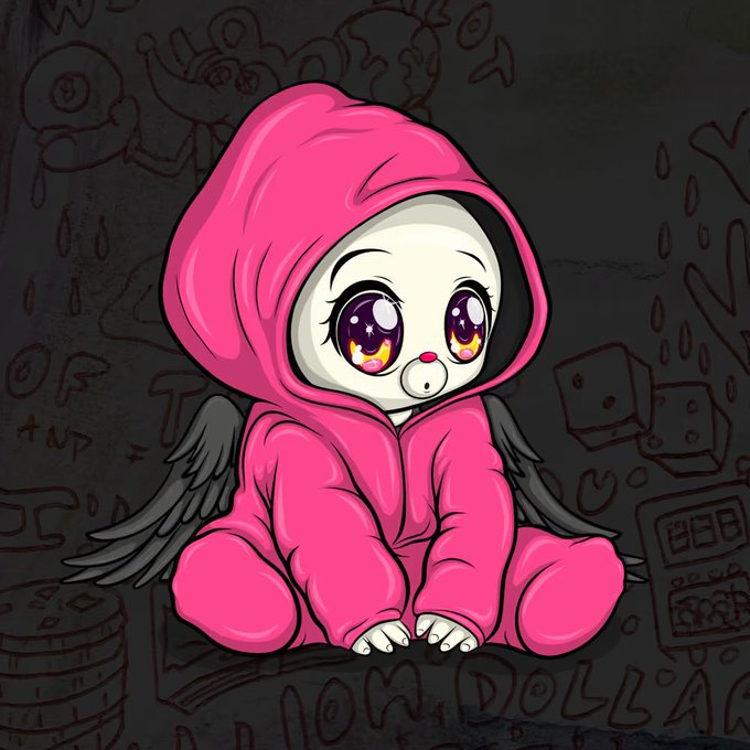 A cartoon-style illustration of a small, wide-eyed character wearing a bright pink hooded onesie with dark wings, sitting against a dark background filled with faint doodles and the text 'NEW DOLLAR.'