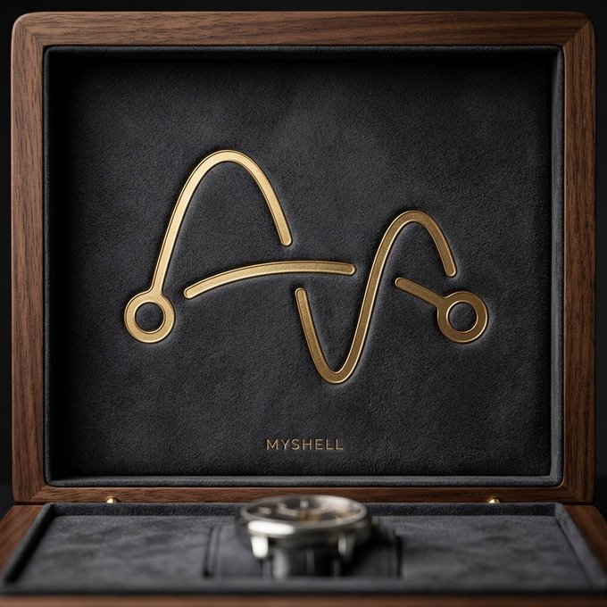 A luxury wooden presentation box with a black velvet interior, displaying a gold 'MYSHELL' logo that mimics the Toyota emblem's design, with a watch visible in the lower compartment, suggesting a high-end collectible or NFT promotional item.