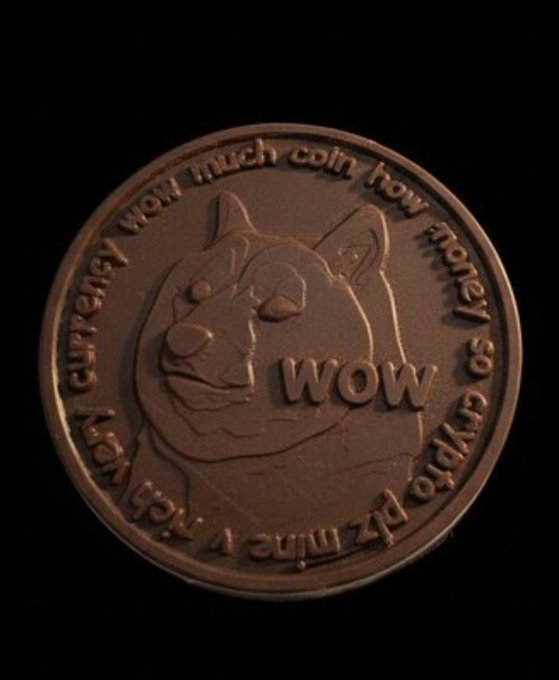 A copper-colored physical Dogecoin featuring the Shiba Inu dog with 'wow' engraved in the center and 'wow much coin how money so crypto plz mine v rich very currency' around the edge.