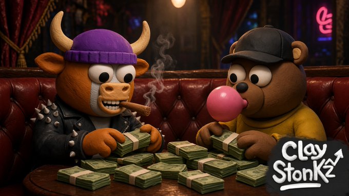 Two claymation-style bears sit at a booth with stacks of cash; one wears a Viking helmet and leather jacket while smoking a cigar, and the other wears a baseball cap and blows a pink bubblegum bubble, with 'Clay Stonks' text in the corner.
