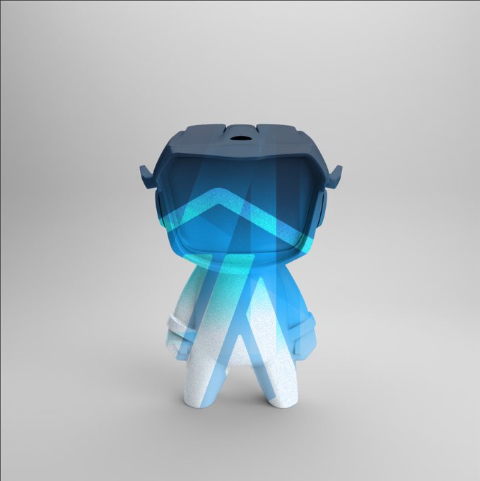 A 3D-rendered stylized character featuring a large translucent blue visor and a white and light blue gradient body suit, standing against a plain light gray background.